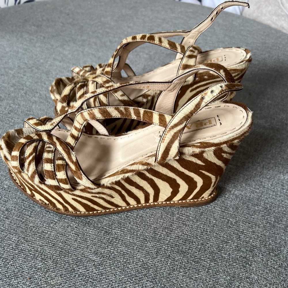 Prada Pony Skin Zebra Wedges European size 40 . Brown and Beige .